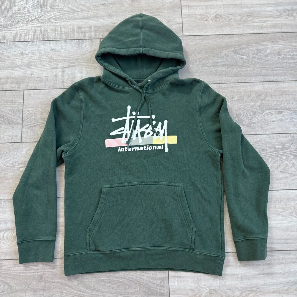 Stussy International Logo Hoodie‎ in Forest Green w/ Classic Kangaroo Pocket, S